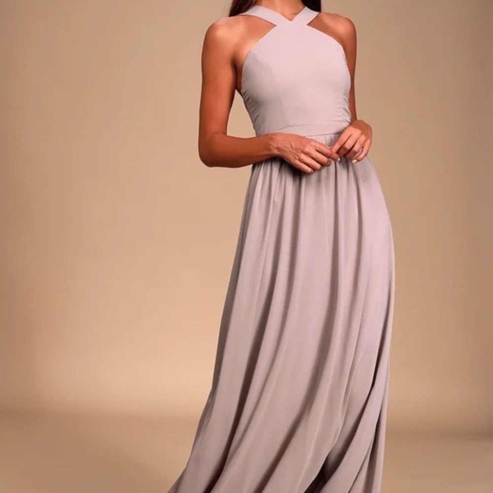Lulu’s size large Air of Romance Taupe maxi dress